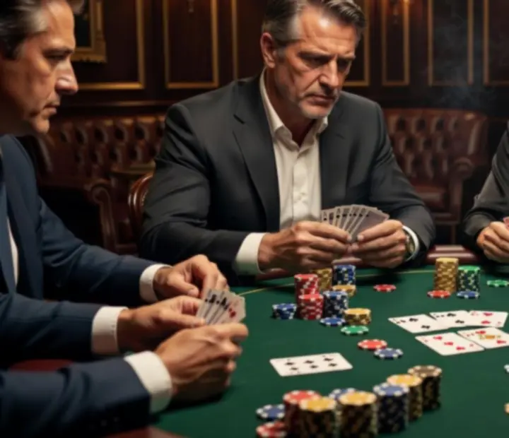 Gros plan sur une table de tournoi pendant une main disputée, joueurs concentrés autour des jetons