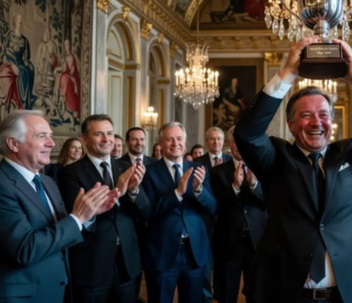 Un champion lève calmement ses cartes à la fin d'un tournoi, entouré par une atmosphère feutrée.