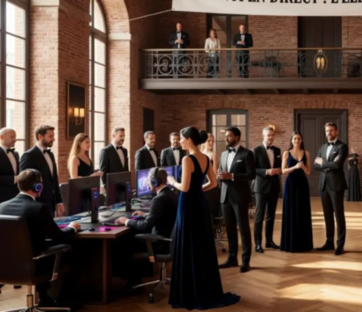 Ambiance raffinée d'un hall de tournoi français, avec tables de cartes et éclairages chauds
