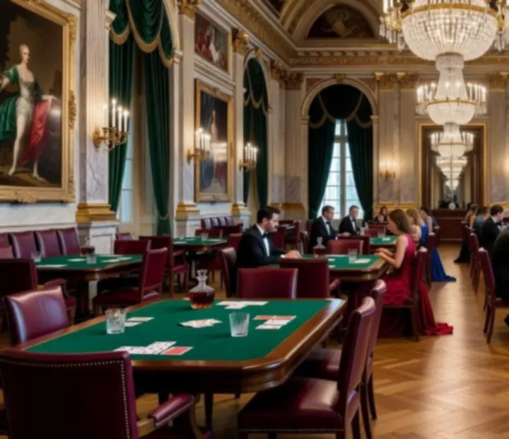 Vue d'ensemble d'une grande salle de tournoi parisienne, baignée de lumière et prête à accueillir un événement de cartes.
