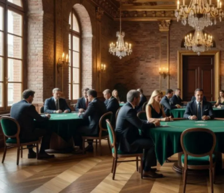 Hall de tournoi français aux lignes élégantes, baigné de lumière, avec des tables prêtes pour un événement live