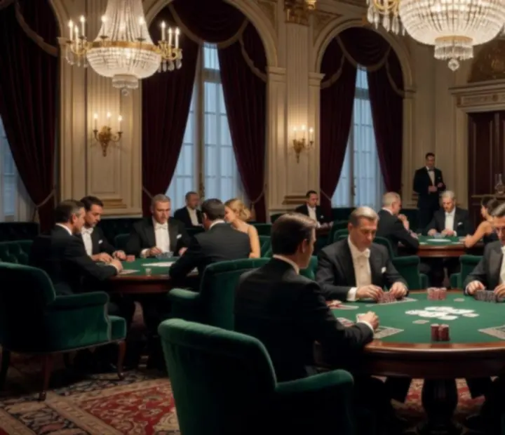 Salle de tournoi parisienne élégante avec tables de cartes en activité