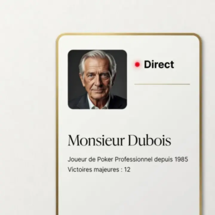 Carte éditoriale présentant un profil joueur et un direct live